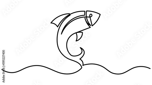 Fresh salmon fish in continuous line art drawing, Monoline Fishing Symbol, One Line Tuna Silhouette, Salmon Sign, Fish Endless Shape, Vector Illustration  isolated on white background.