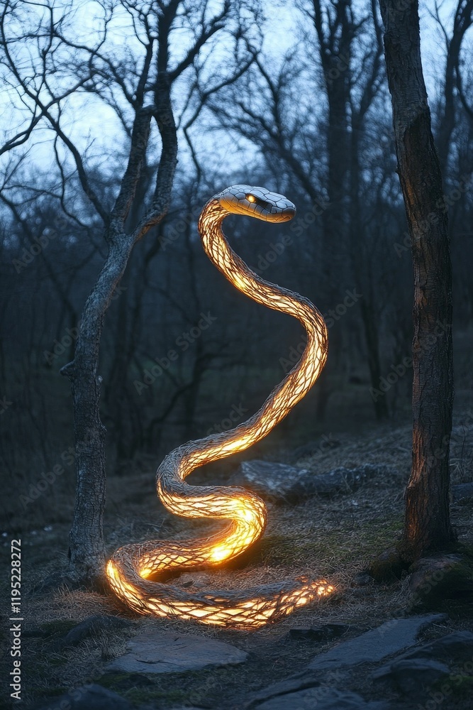 Illuminated snake sculpture in a dark forest. Illuminated snake sculpture in a dark forest.