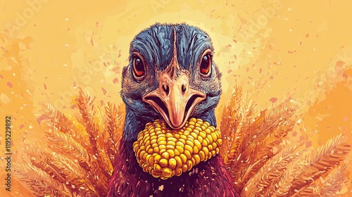 A Thanksgiving Turkey Eating Corn Amidst Wheat photo