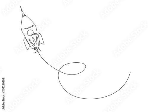 Continuous one line drawing of Rocket space ship launch - technology concept. Rocket fly to outer space in single line draw illustration. Editable stroke.