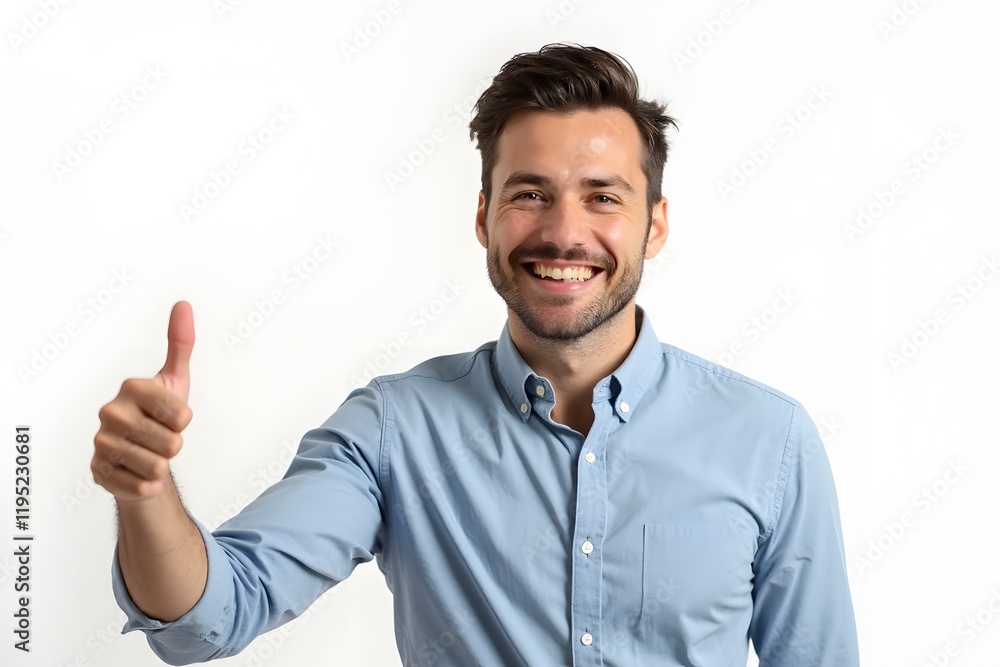 Smiling Professional Man Showing Thumbs Up in Confident Pose on White Background Smiling Professional Man Showing Thumbs Up in Confident Pose on White Background