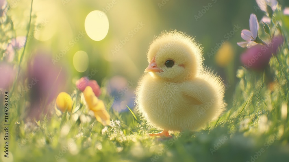 Adorable Fluffy Yellow Chick Standing in a Sunlit Meadow Surrounded by Colorful Spring Flowers and Soft Green Grass, Capturing the Essence of New Life and Nature's Beauty Adorable Fluffy Yellow Chick Standing in a Sunlit Meadow Surrounded by Colorful Spring Flowers and Soft Green Grass, Capturing the Essence of New Life and Nature's Beauty