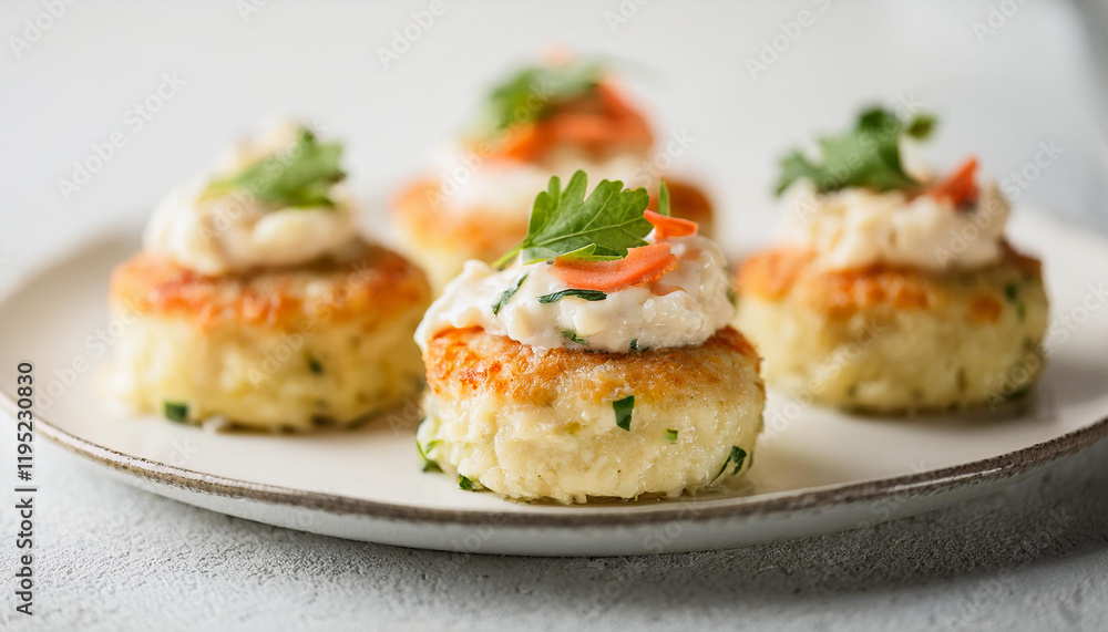 Mini baked crab cakes with garnish. Tasty meal. Delicious food. Cooking and culinary concept. Mini baked crab cakes with garnish. Tasty meal. Delicious food. Cooking and culinary concept.