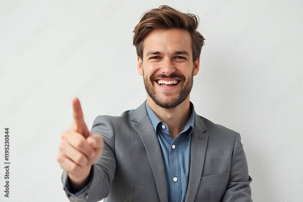 Smiling Confident Man Pointing Forward in a Collaborative Gesture Smiling Confident Man Pointing Forward in a Collaborative Gesture
