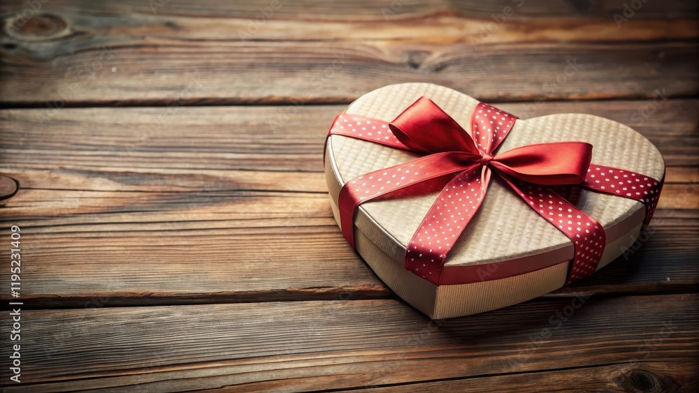 A delicate heart-shaped box with a ribbon tied around it sits on a wooden table, ribbon, gift box A delicate heart-shaped box with a ribbon tied around it sits on a wooden table, ribbon, gift box