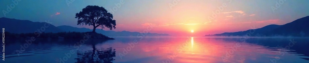 Obraz premium A deep blue lake at sunset with a solitary tree, serene, ripples