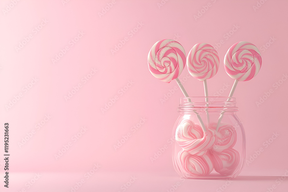 Fototapeta premium Pink Delight: Sweet Swirl Lollipops in Glass Jar: Three pink and white swirl lollipops stand elegantly in a clear glass jar, filled with more of the delightful treats, against a soft pink backdrop.
