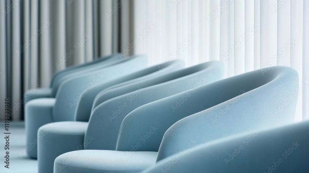 Obraz premium Row of modern blue chairs in minimalist interior with soft lighting and curtains