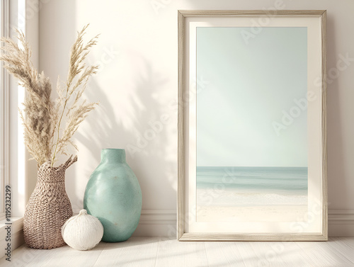 Coastal Minimalism: A simple yet stylish interior design mockup featuring a large framed artwork with a subtle beach scene, reflecting the serene coastal aesthetic.