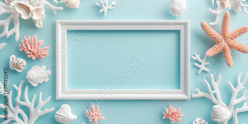 Seashell and White Frame:  An invitation to summer,  A white frame  adorned with seashells and coral  on a light blue background.  Perfect for your beachy designs.