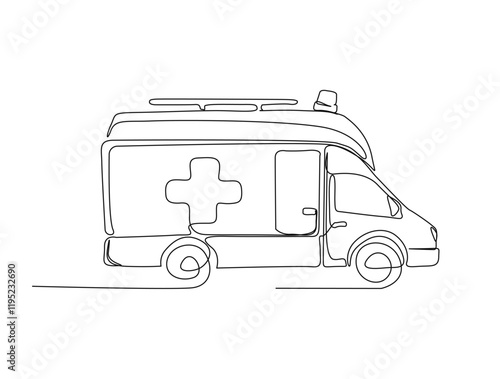 Continuous one line drawing of ambulance - hospital vehicle. Ambulance in single line draw illustration. Editable stroke.