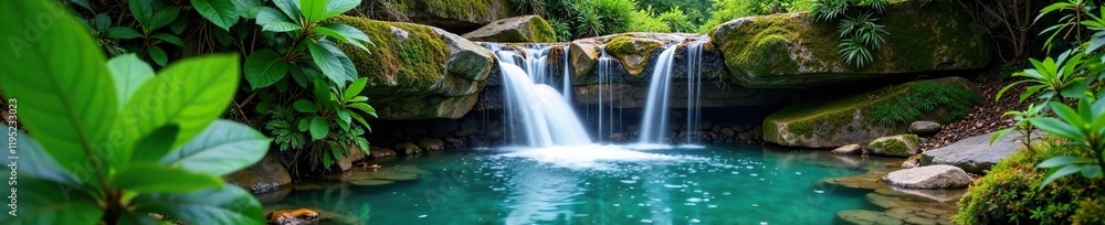 Fototapeta premium A small waterfall cascades into a crystal-clear pool amidst lush vegetation, forest, waterfall