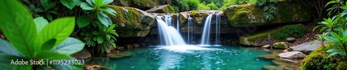 A small waterfall cascades into a crystal-clear pool amidst lush vegetation, forest, waterfall