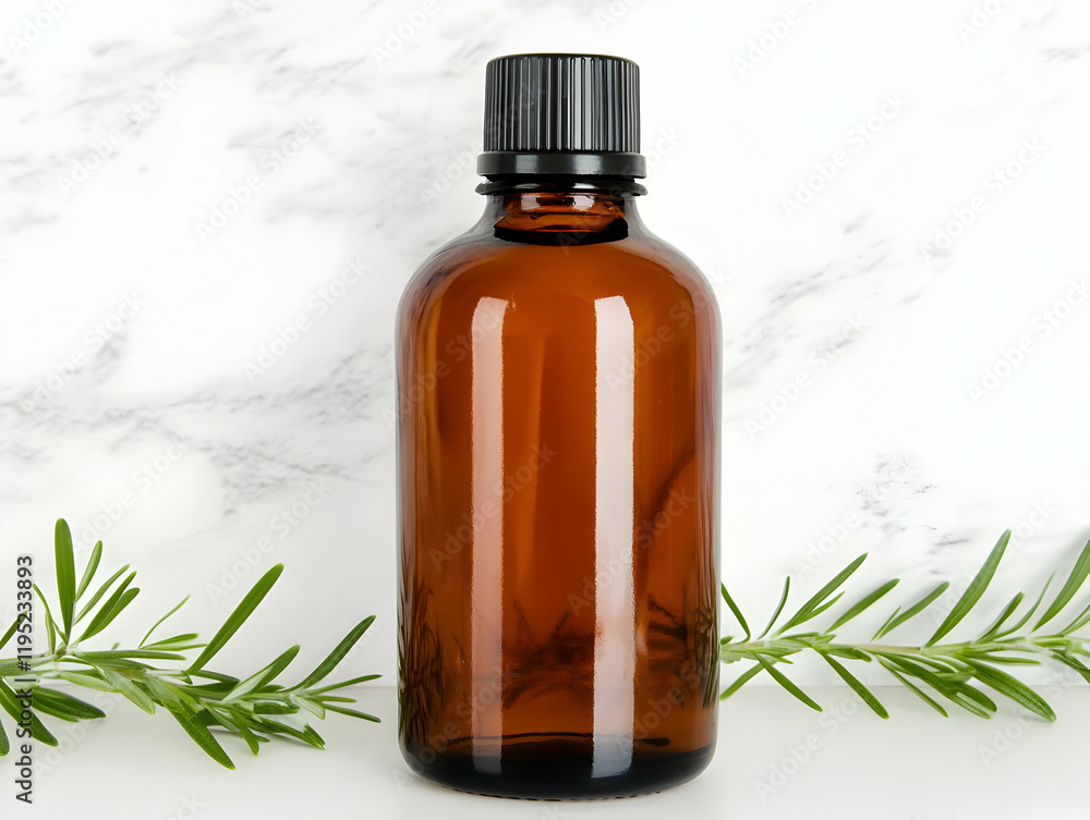 Amber Bottle Mockup with Rosemary Amber Bottle Mockup with Rosemary
