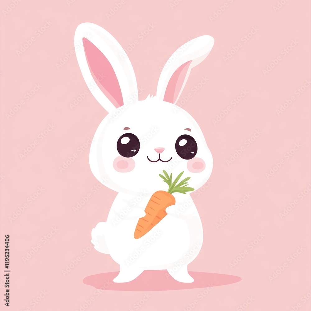 White rabbit holding carrot on pink background for kid's cards/decorations White rabbit holding carrot on pink background for kid's cards/decorations