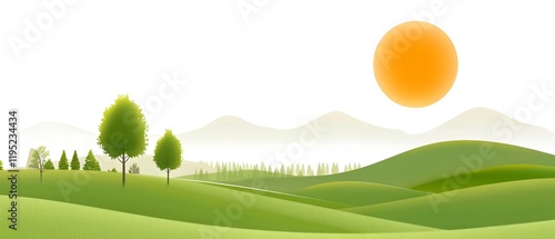 A green hillside with a tree and a sun in the sky