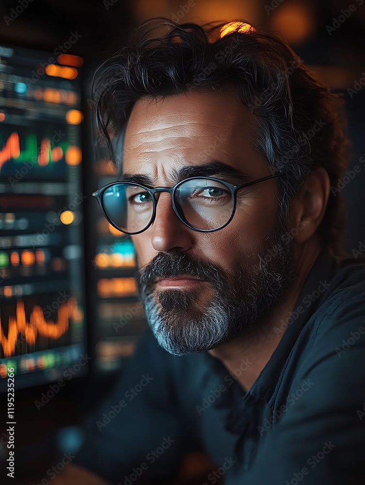 Serious man with glasses working late at night on computer. Serious man with glasses working late at night on computer.