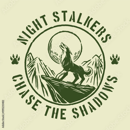 Retro-style badge featuring a howling wolf against a moonlit mountain scene with circular text elements, ideal for outdoor club logos, adventure branding, and hunting merchandise.
