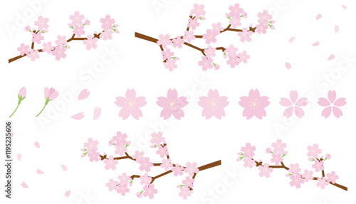 桜の木と花びらのイラストセット