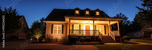 Single family home at dusk with illuminated driveway, architecture, porch, house