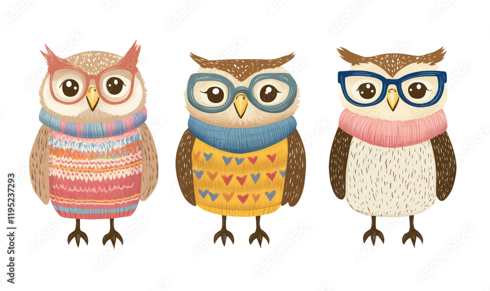 Cute cartoon owls wearing colorful sweaters and glasses, showcasing unique styles and personalities, isolated on transparent background, png Cute cartoon owls wearing colorful sweaters and glasses, showcasing unique styles and personalities, isolated on transparent background, png