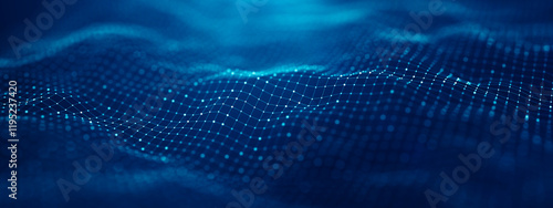 Abstract connected dots and lines on blue background. Communication and technology network concept with moving lines and dots. 