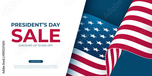 President's Day Sale. Waving American flag. United States Presidents Day commercial banner for holiday sales promotion. Vector illustration.