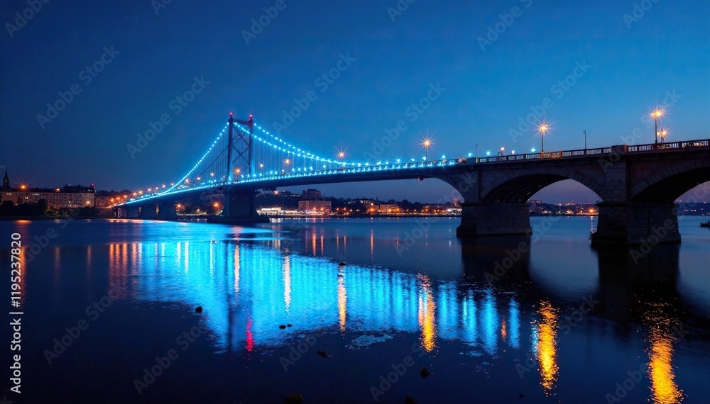 Fototapeta premium Dark bridge with glowing blue lights spanning a river at dusk, river, water