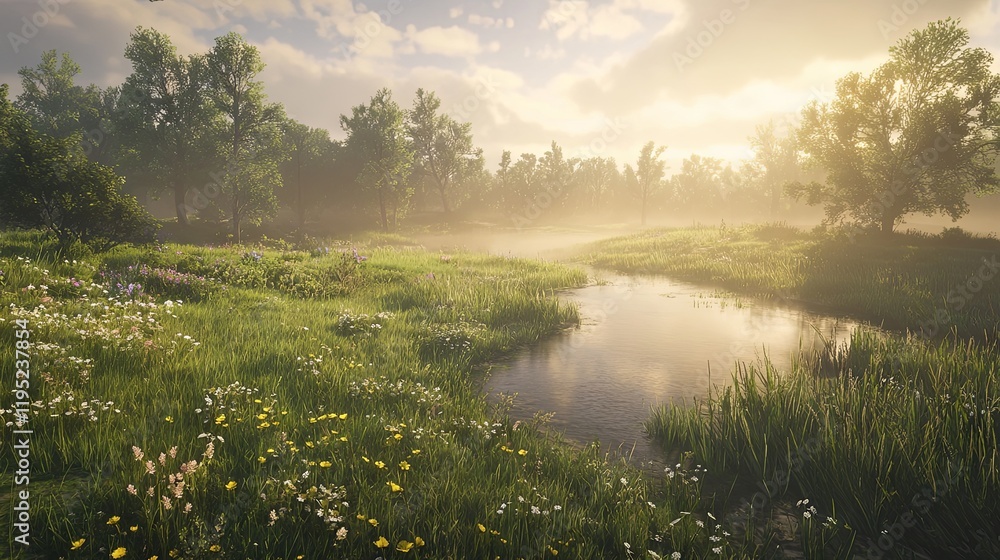 Obraz premium Serene Sunrise Meadow Landscape with River