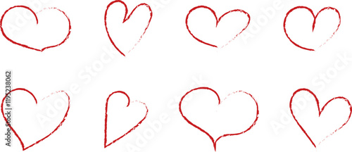 Set of red hearts, stylized hearts of different shapes on a white background. Hearts for Valentine's Day. Vector illustration. Love romance and wedding symbols