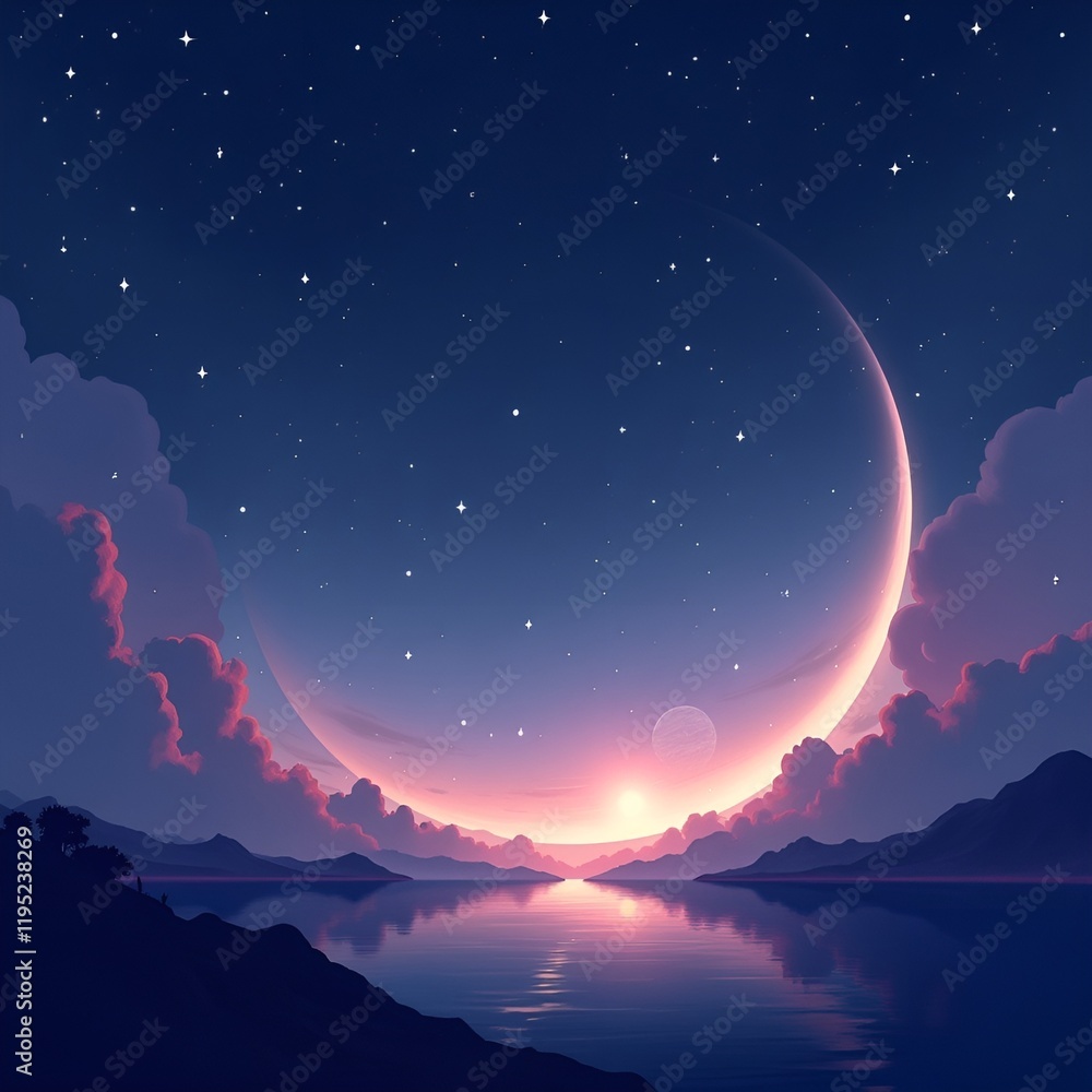 Fototapeta premium Dreamy Crescent Moon Landscape in Pink and Purple Tones with Reflective Water