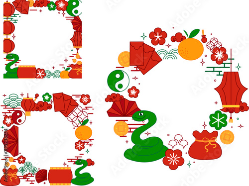 New Year background material set, Graphic line vector circle round frame for the Year of the green Snake. Chinese new year, lantern festival