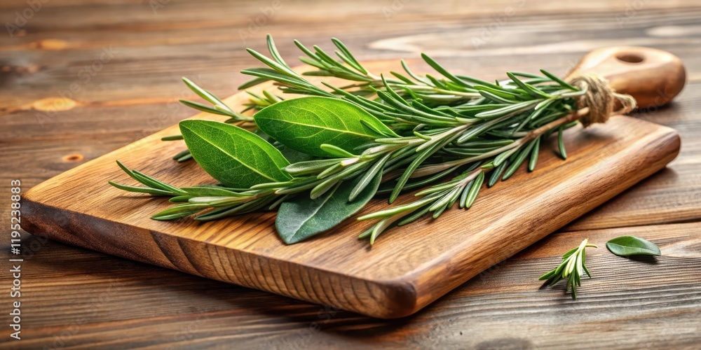 Fresh rosemary and bay herb leaves arranged on a wooden cutting board, ready for use in cooking, cooking, fragrant Fresh rosemary and bay herb leaves arranged on a wooden cutting board, ready for use in cooking, cooking, fragrant