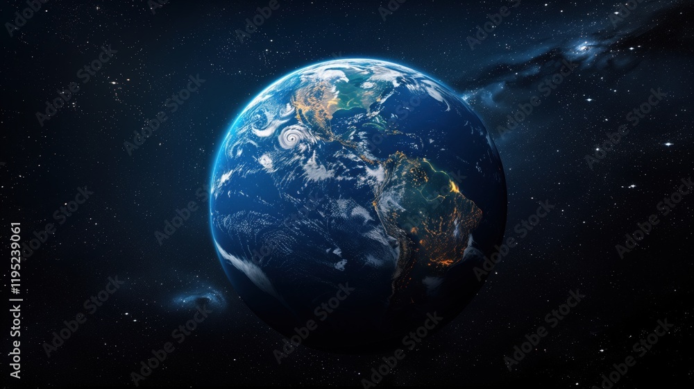 Obraz premium Panoramic view of Earth, stars and galaxy. Planet Earth, view from space. Space fantasy. Blue planet Earth in space. Globe in space. Earth sphere. Sunlight with stars in space