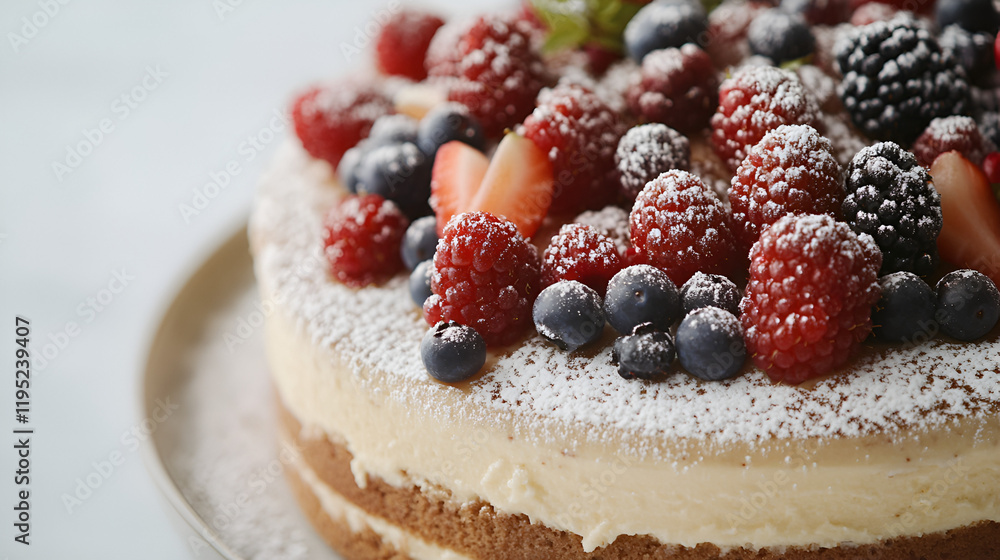 Berrylicious Cake Delight: A mouthwatering close-up of a delectable vanilla cake layered with fluffy vanilla frosting, adorned with a vibrant array of fresh berries and a dusting of powdered sugar. Berrylicious Cake Delight: A mouthwatering close-up of a delectable vanilla cake layered with fluffy vanilla frosting, adorned with a vibrant array of fresh berries and a dusting of powdered sugar.