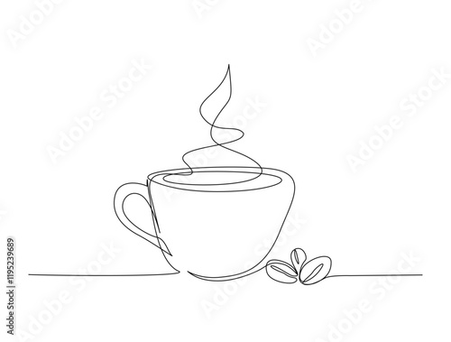 Continuous one line drawing of cup of coffee - coffeshop product. Coffee break concept in single line draw illustration. Editable stroke.