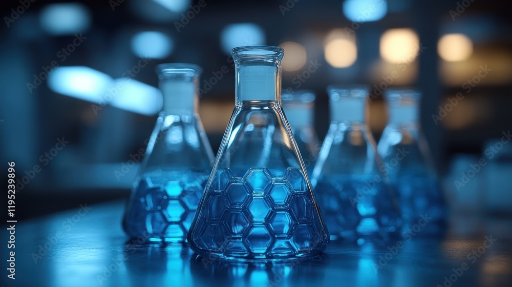 Blue liquid in Erlenmeyer flasks on lab bench. Blue liquid in Erlenmeyer flasks on lab bench.