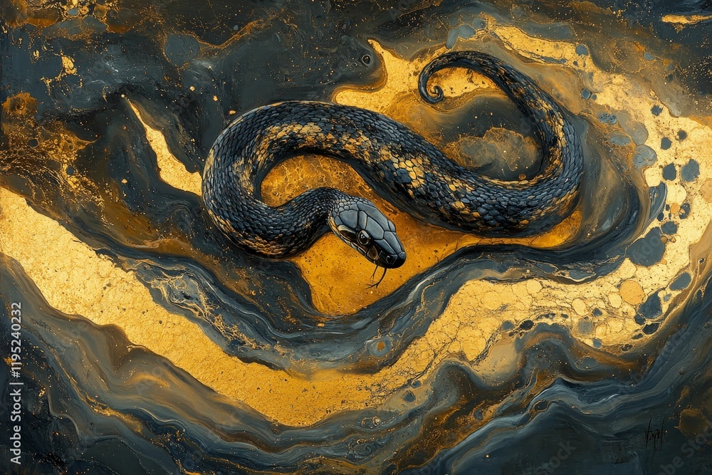 Black snake coiled on gold and black abstract background. Black snake coiled on gold and black abstract background.