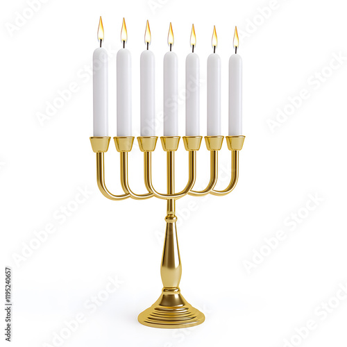 Golden Hanukkah menorah with white burning candles, isolated on white background photo