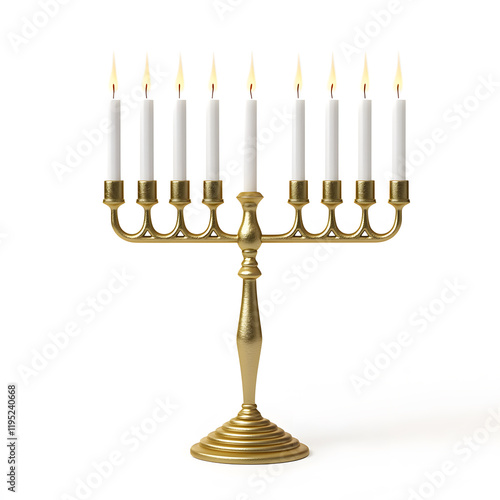 Golden Hanukkah menorah with white burning candles, isolated on white background photo