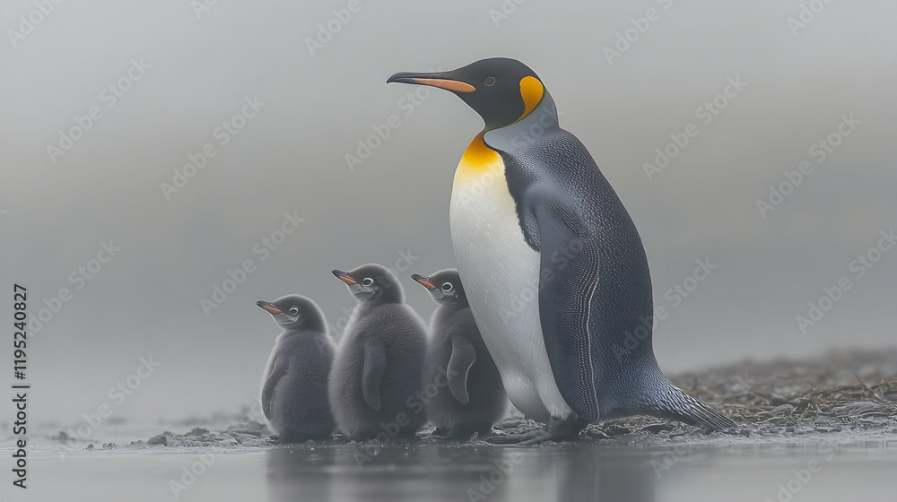 Obraz premium Majestic King Penguin with three adorable chicks by the water's edge on a misty day. A heartwarming wildlife scene.