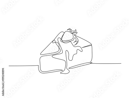 Continuous one line drawing of sliced cake - food and beverage concept. Cheese cake with strawberry in single line draw illustration. Editable stroke.
