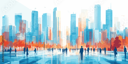 Vibrant Vector cityscape with business people walking
