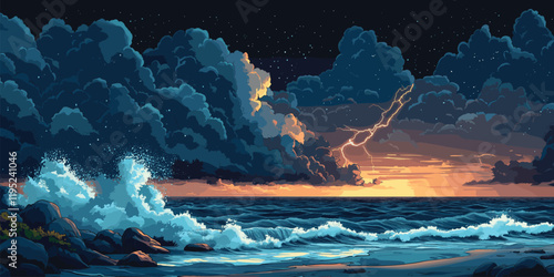 Dramatic Vector ocean storm with lightning strike
