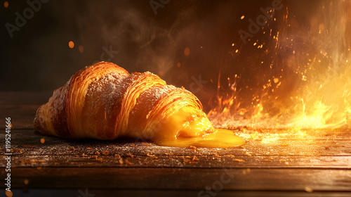 Flambé Croissant: A delectable croissant, glistening with melted butter, sits dramatically on a rustic wooden surface, engulfed in fiery flames and sparks. photo