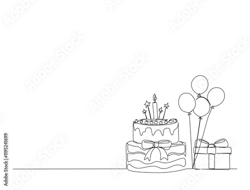 Continuous one line drawing of happy birth day cake. birthday cake with present box and ballloons. in single line draw illustration. Editable stroke. photo