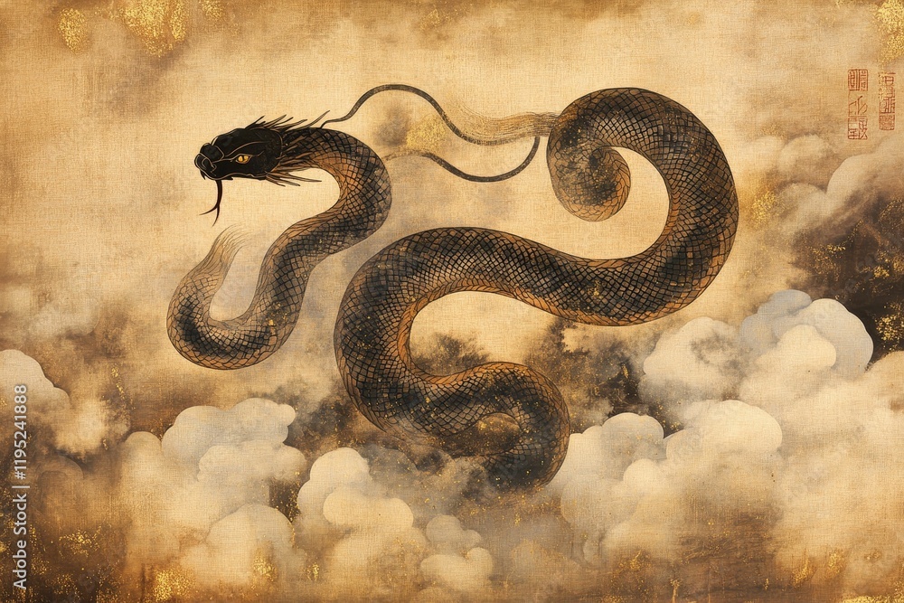 Serpentine creature soars through clouds; gold accents. Serpentine creature soars through clouds; gold accents.
