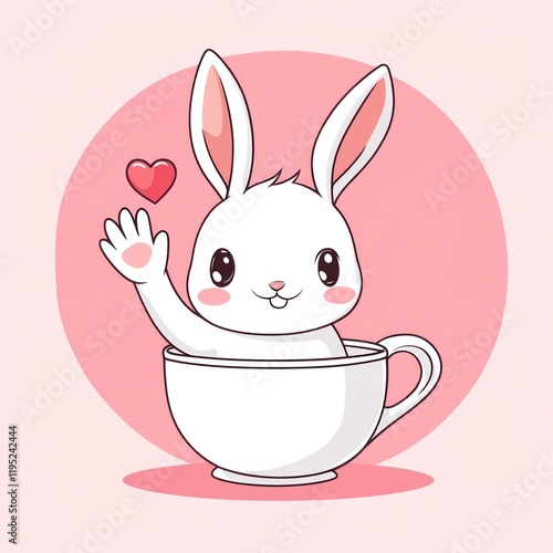 White rabbit in cup waving with heart on pink circle backdrop. Vector for greetings photo