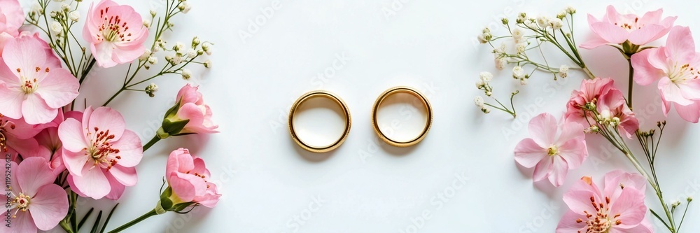 Fototapeta premium Pink flowers and two golden wedding rings on white background
