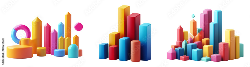 Colorful 3D Shapes and Graphs Isolated on Transparent Background Colorful 3D Shapes and Graphs Isolated on Transparent Background